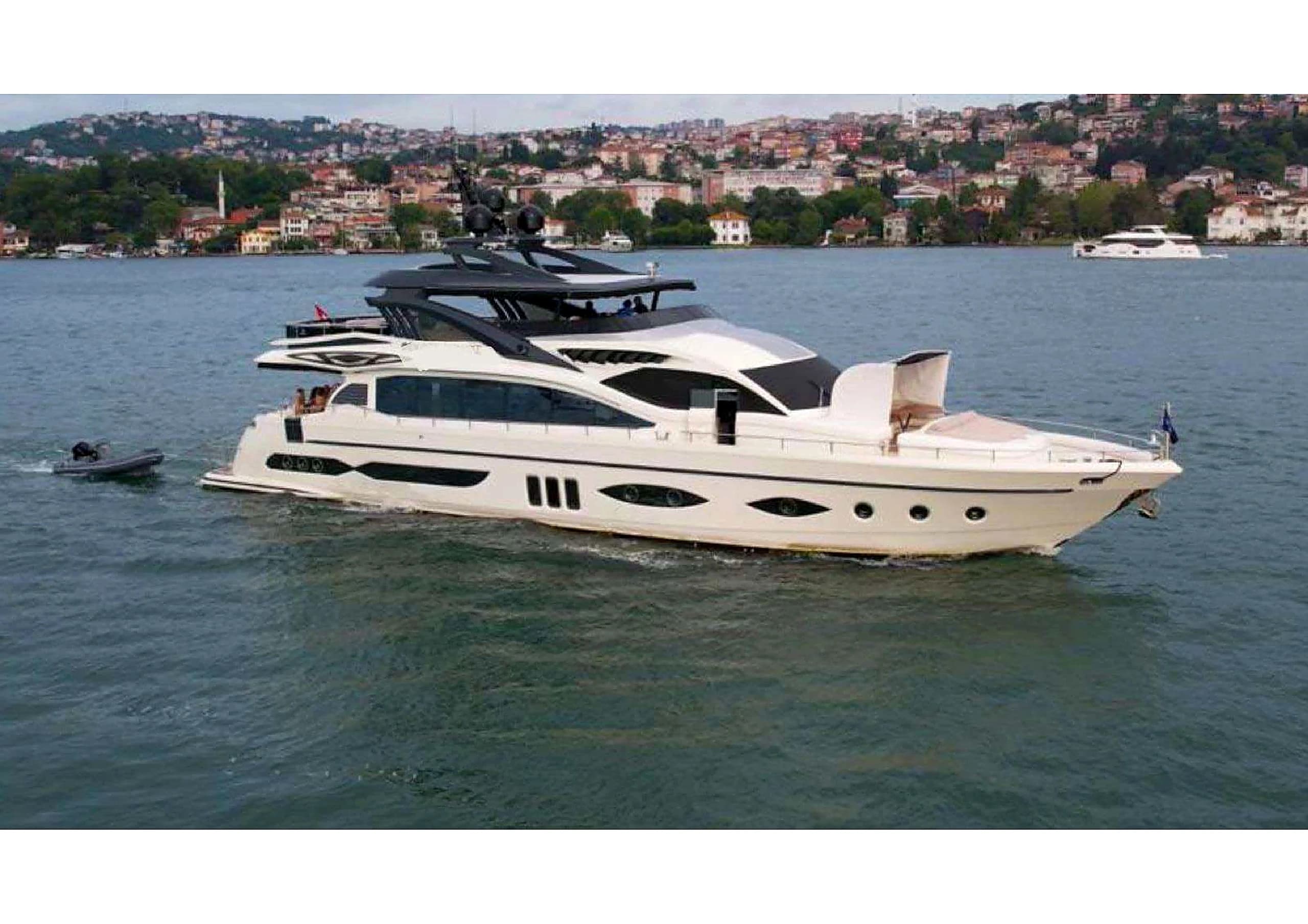 Aerial drone view of the decks on 35m Ultraluxury Motor Yacht