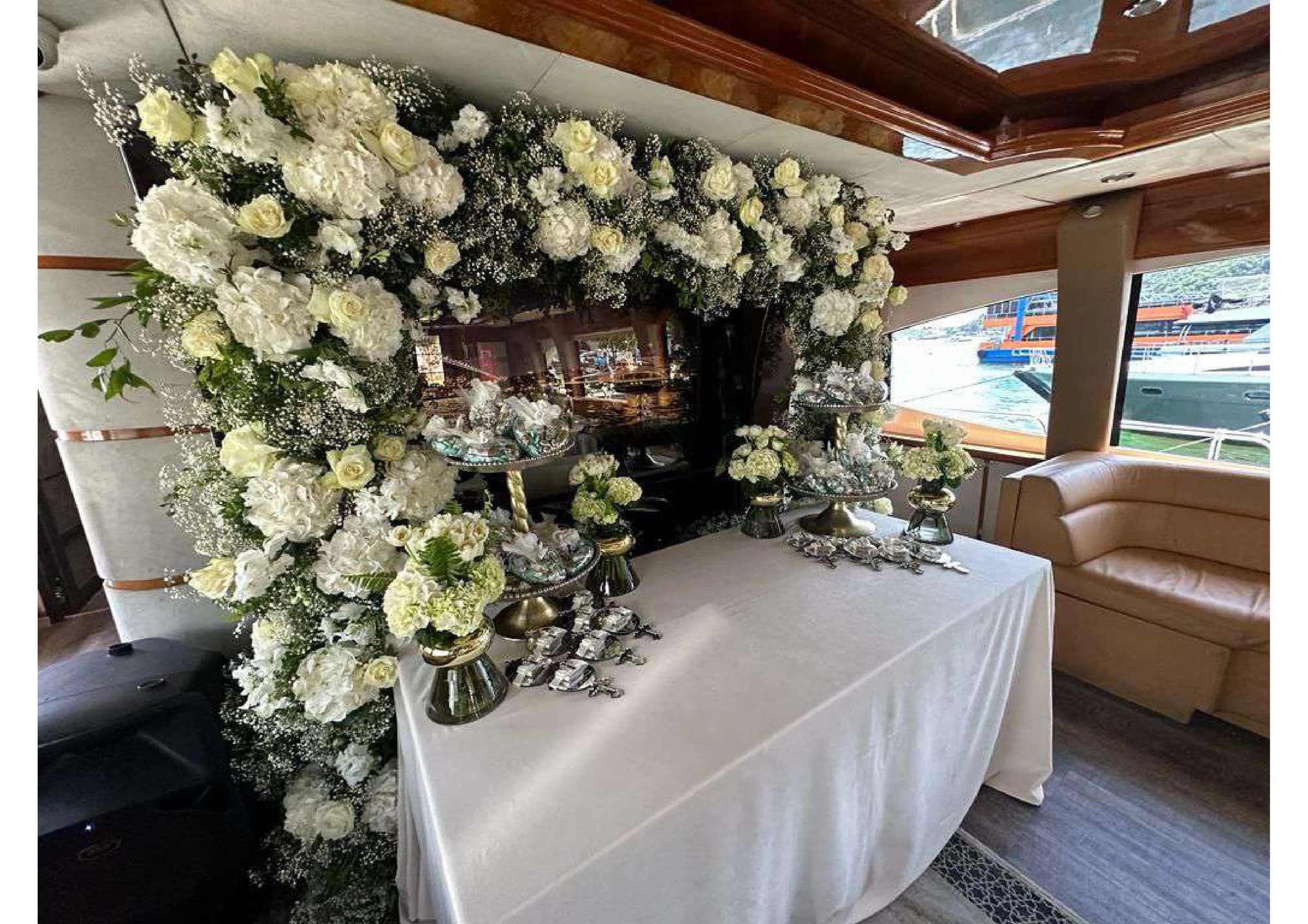 Aft deck outdoor dining table set for guest events on 35m Yacht