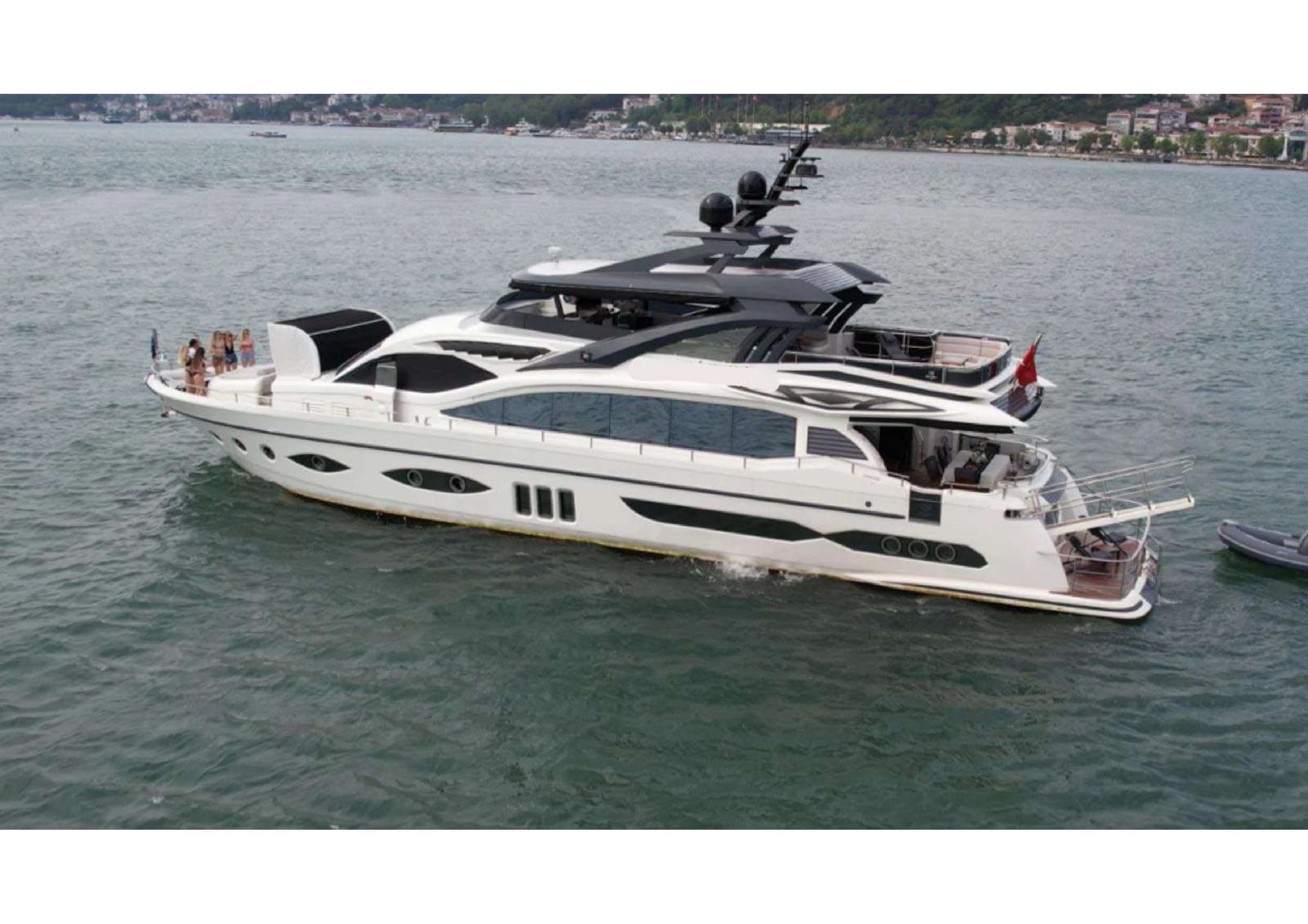 35m Ultraluxury Motor Yacht side profile cruising at sunset in Bodrum