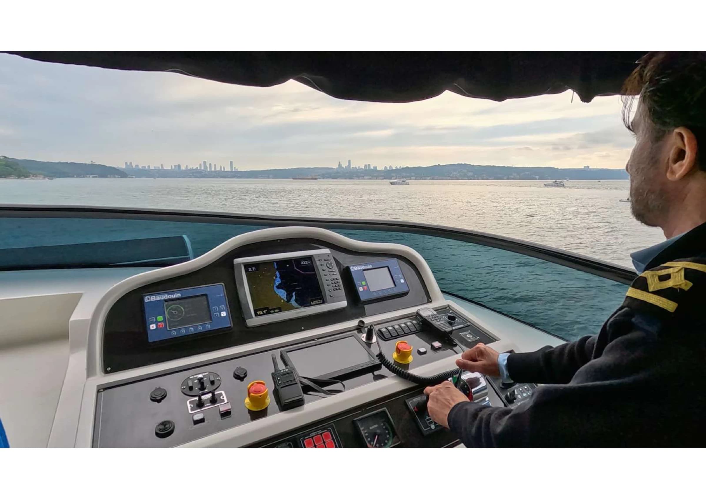Flybridge steering helm station with dual marine controls on 35m Yacht