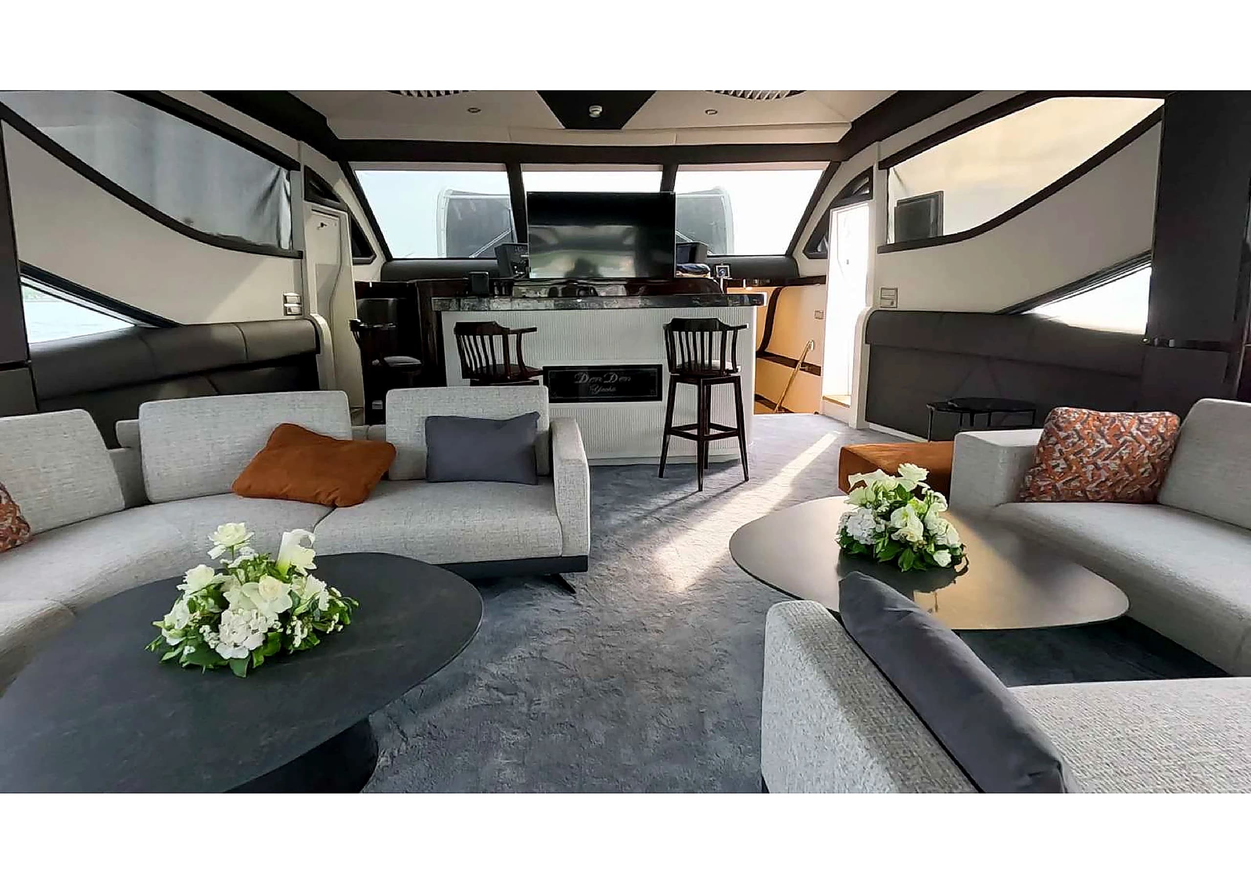 Main salon lounge interior with elegant leather sofas on 35m Yacht