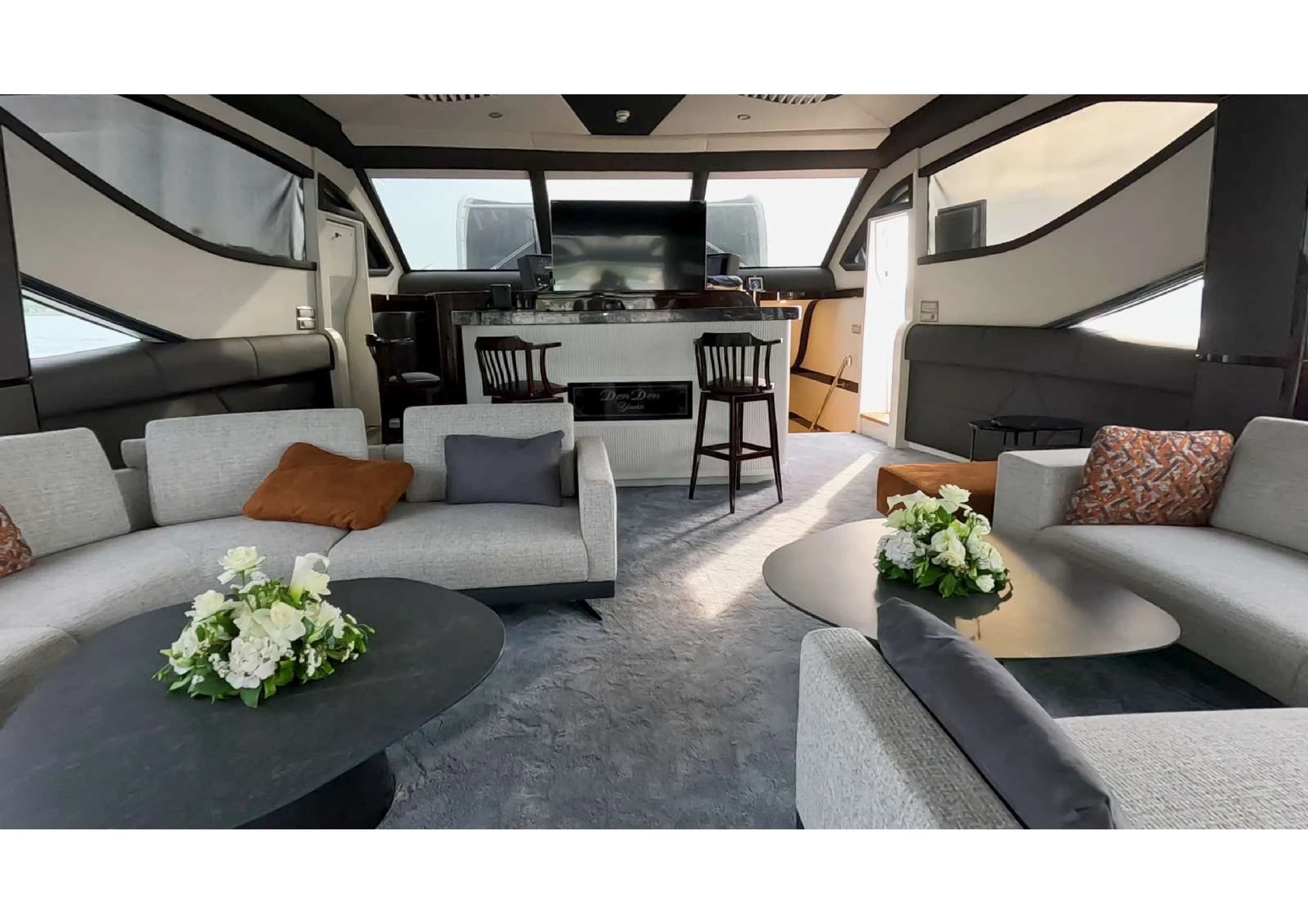 Main salon lounge interior with elegant leather sofas on 35m Yacht