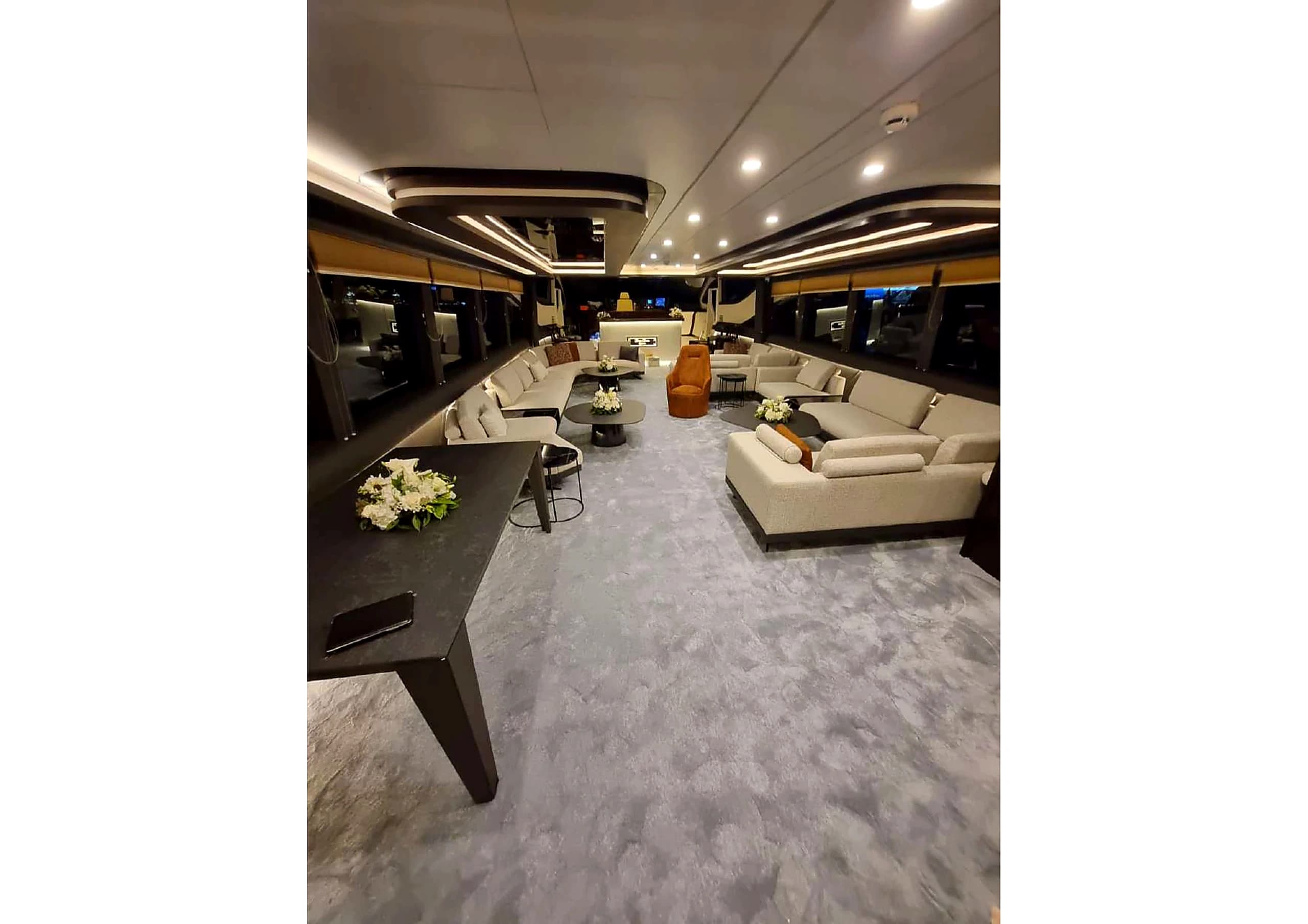 Formal indoor dining area in the main salon of 35m Yacht