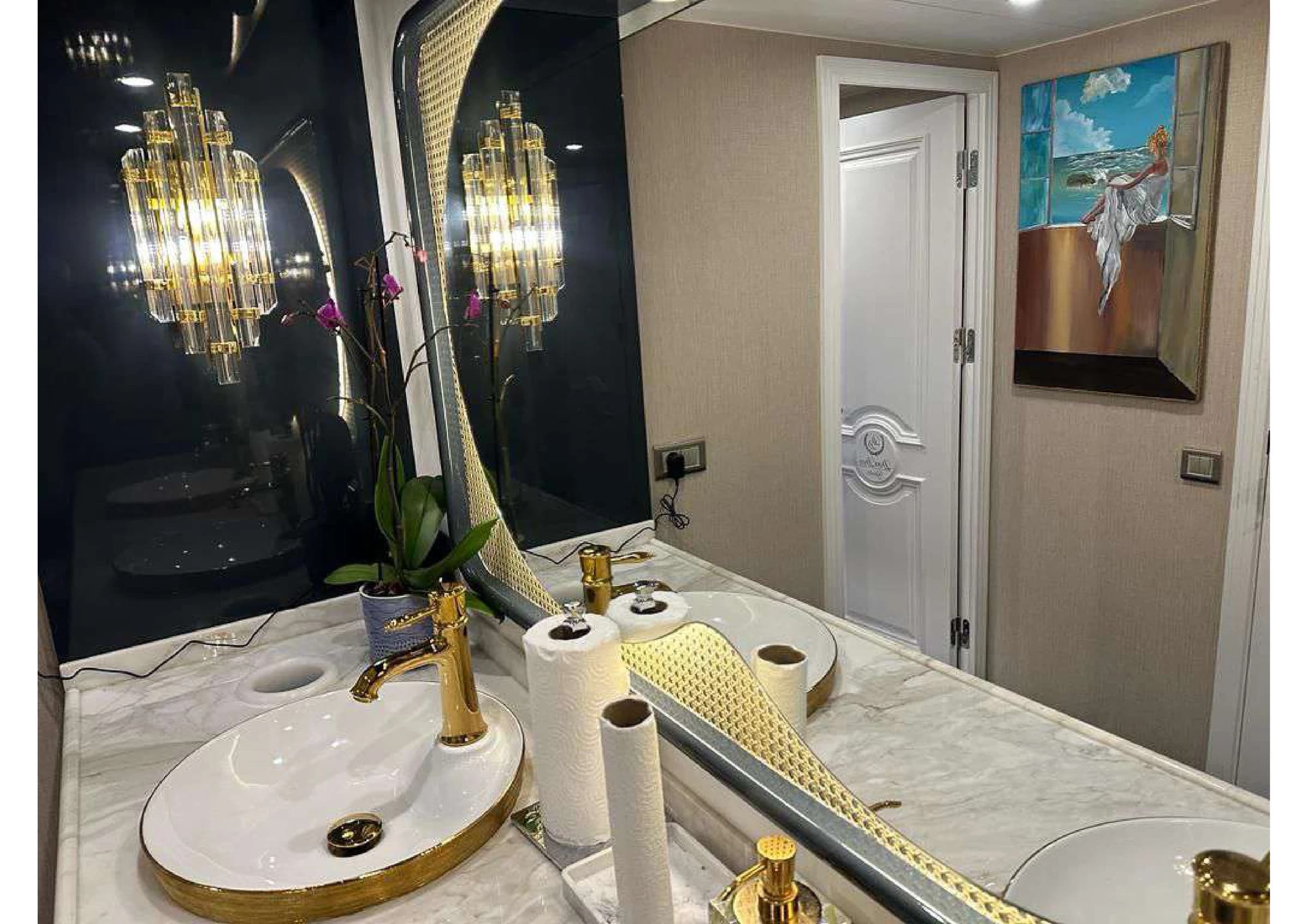 Polished wooden panels and corridor leading to cabins on 35m Yacht