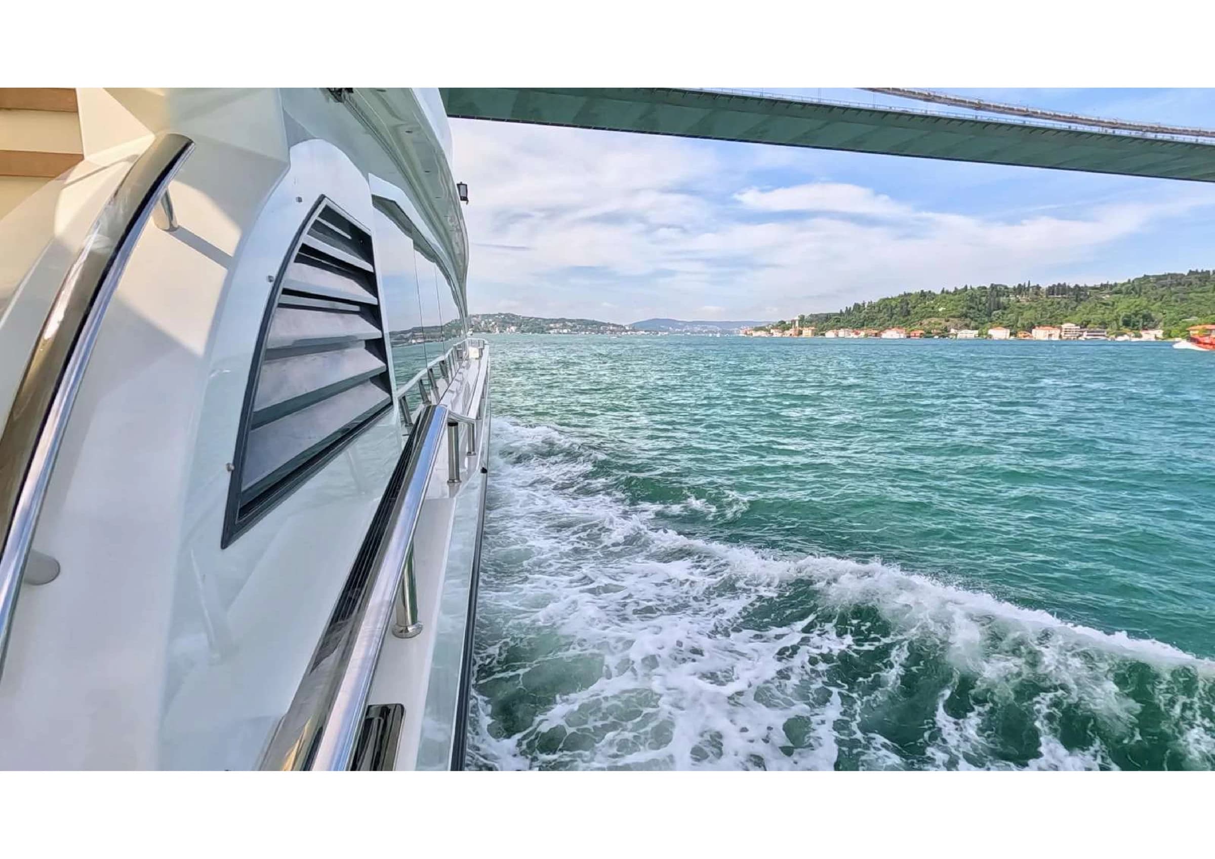 Upper deck outdoor seating lounge and panoramic sea views on 35m Yacht