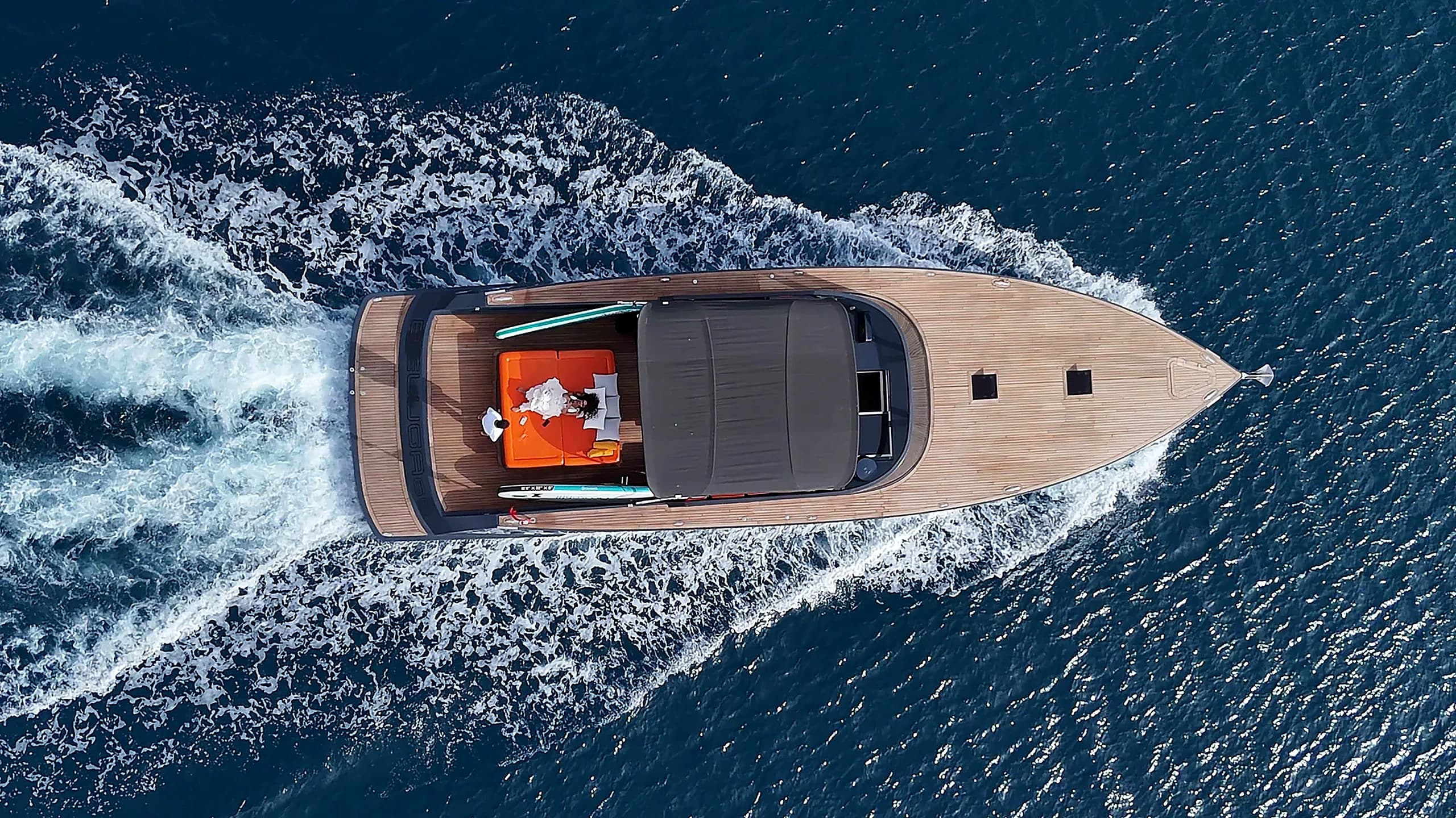 Modern minimalist luxury salon interior with entertainment system on Beluga 60