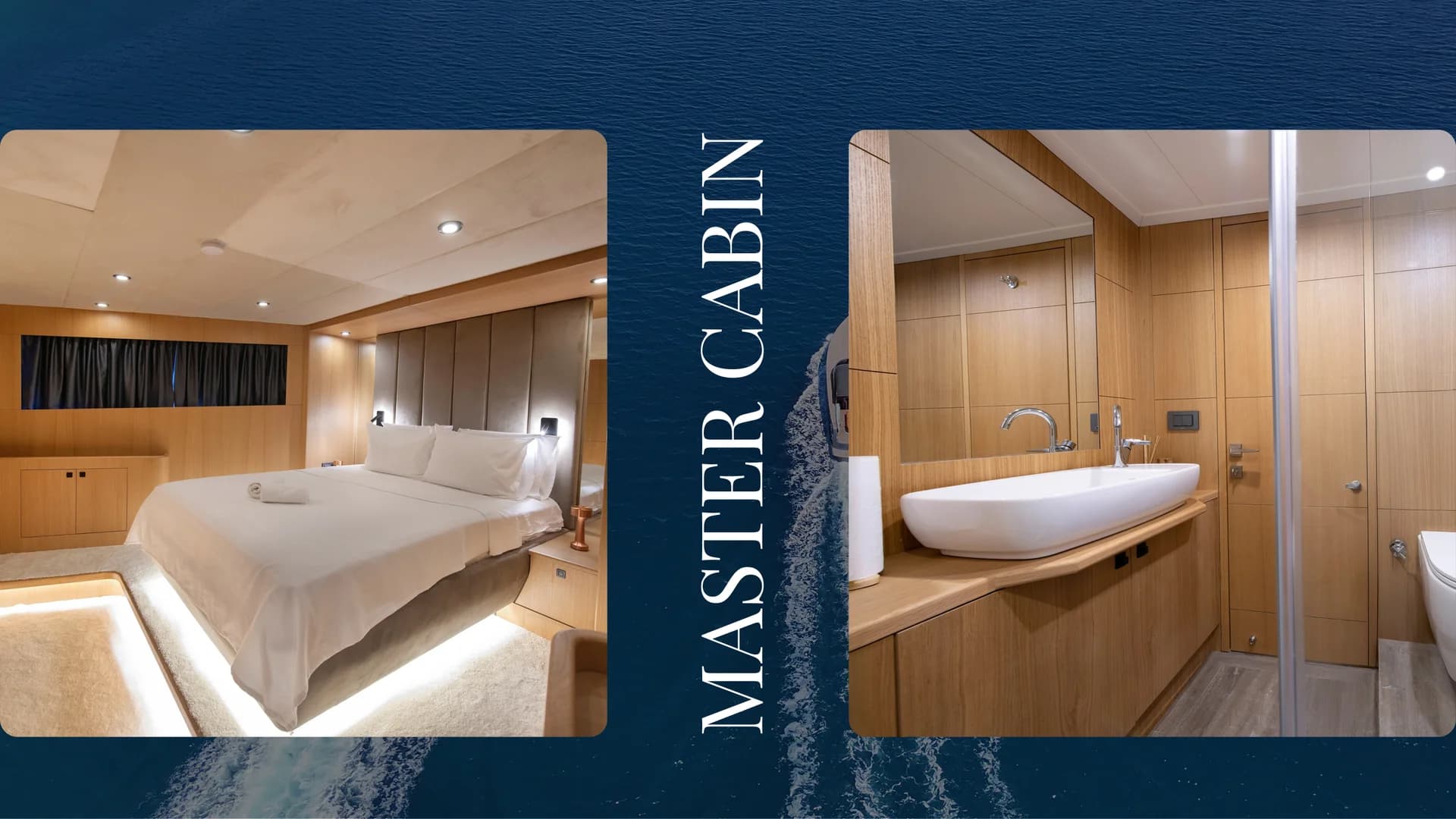 Master cabin interior architecture and luxury bathroom suite on Beluga 80