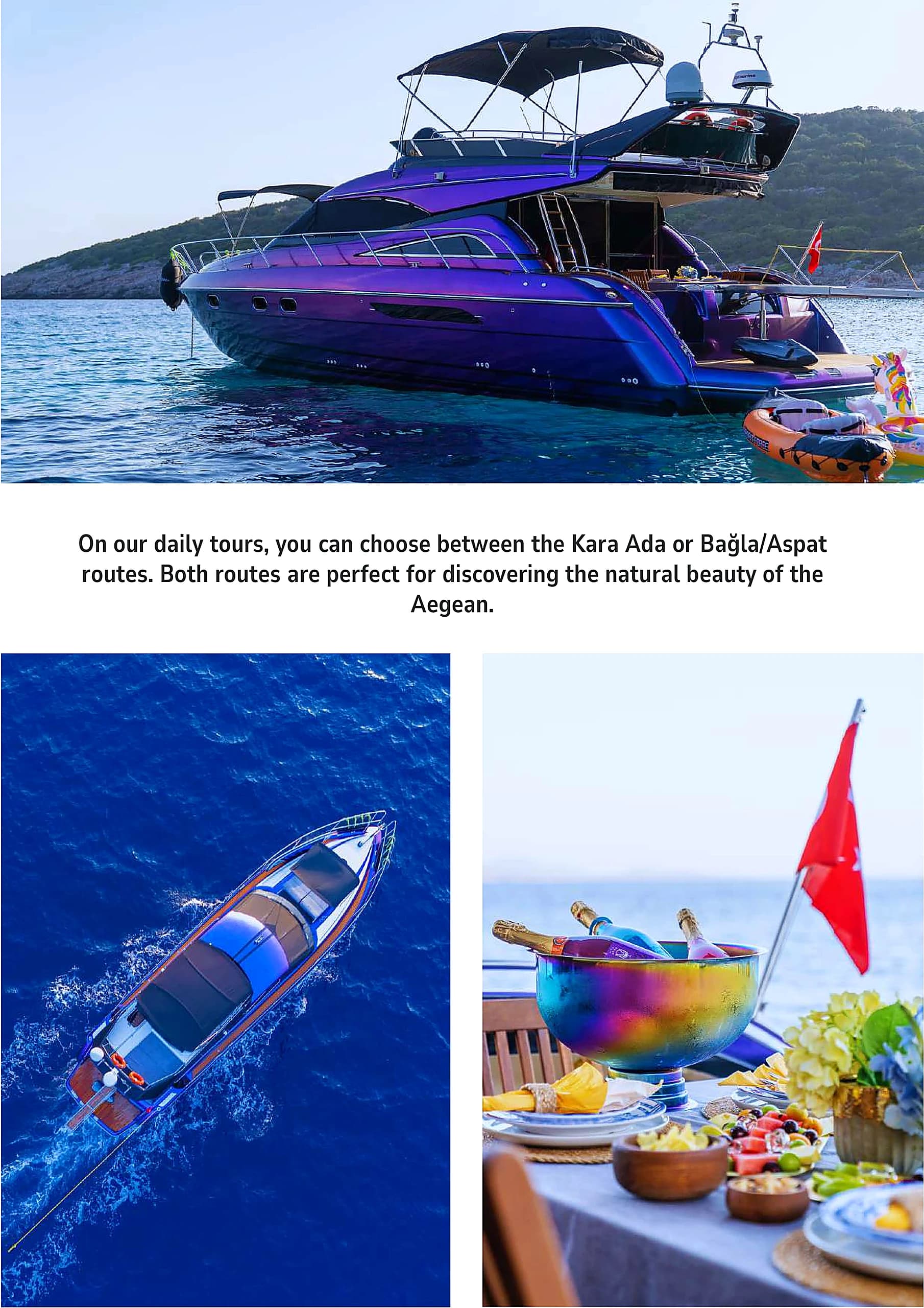 Daily charter route options including Kara Ada and Bagla on Bodrum Princess