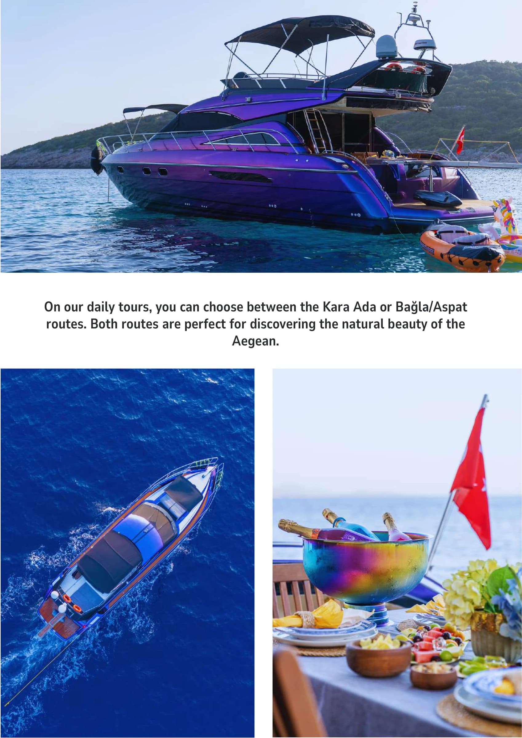 Daily charter route options including Kara Ada and Bagla on Bodrum Princess