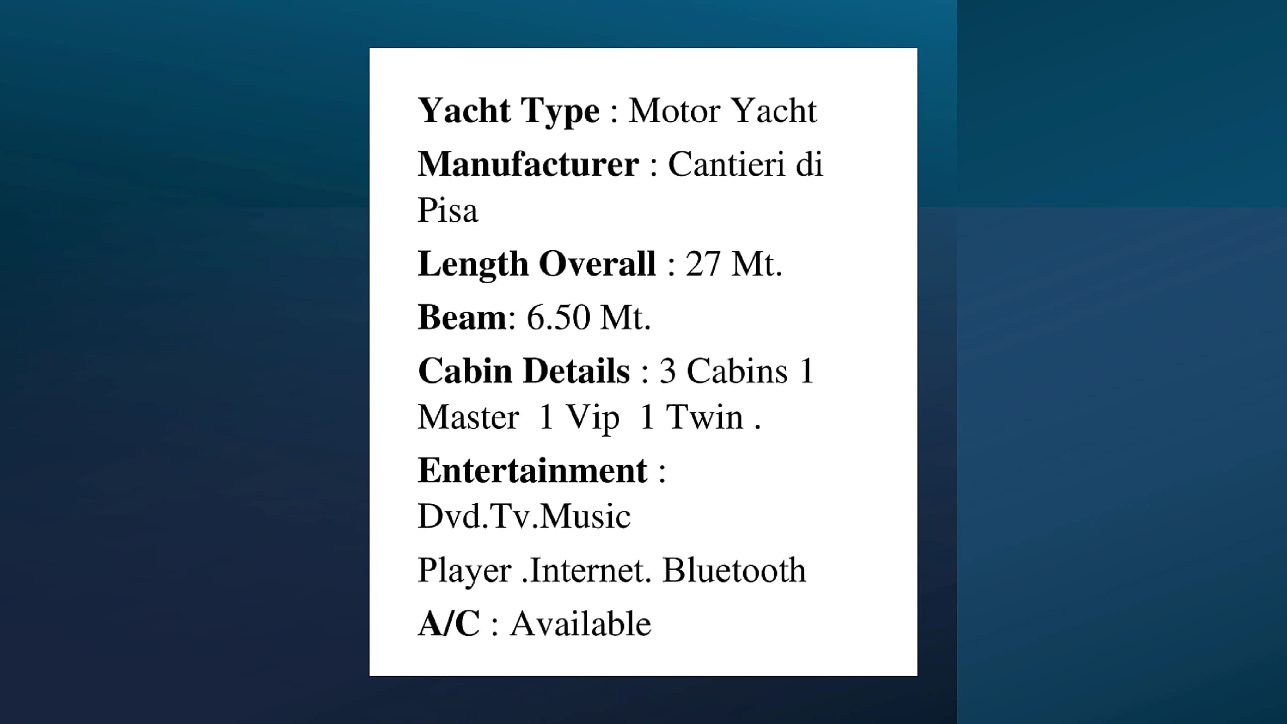 Technical specifications sheet for Cantieri di Pisa 27M Yacht