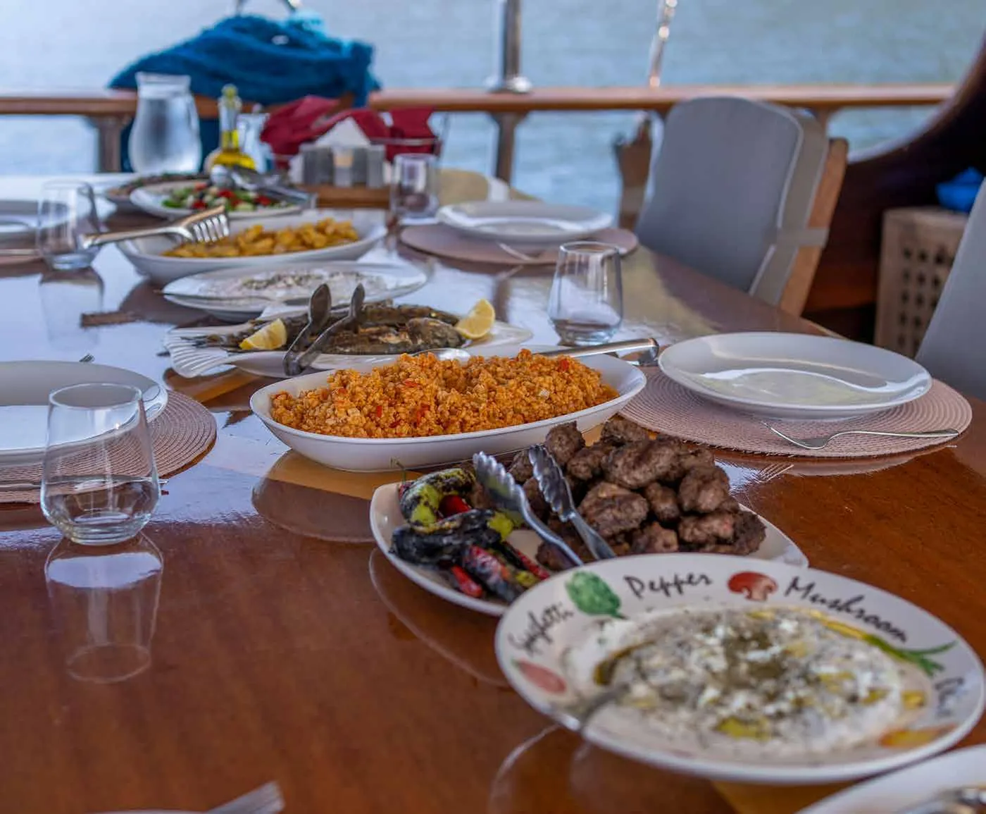 Aft deck dining area on the Let's Dance gulet
