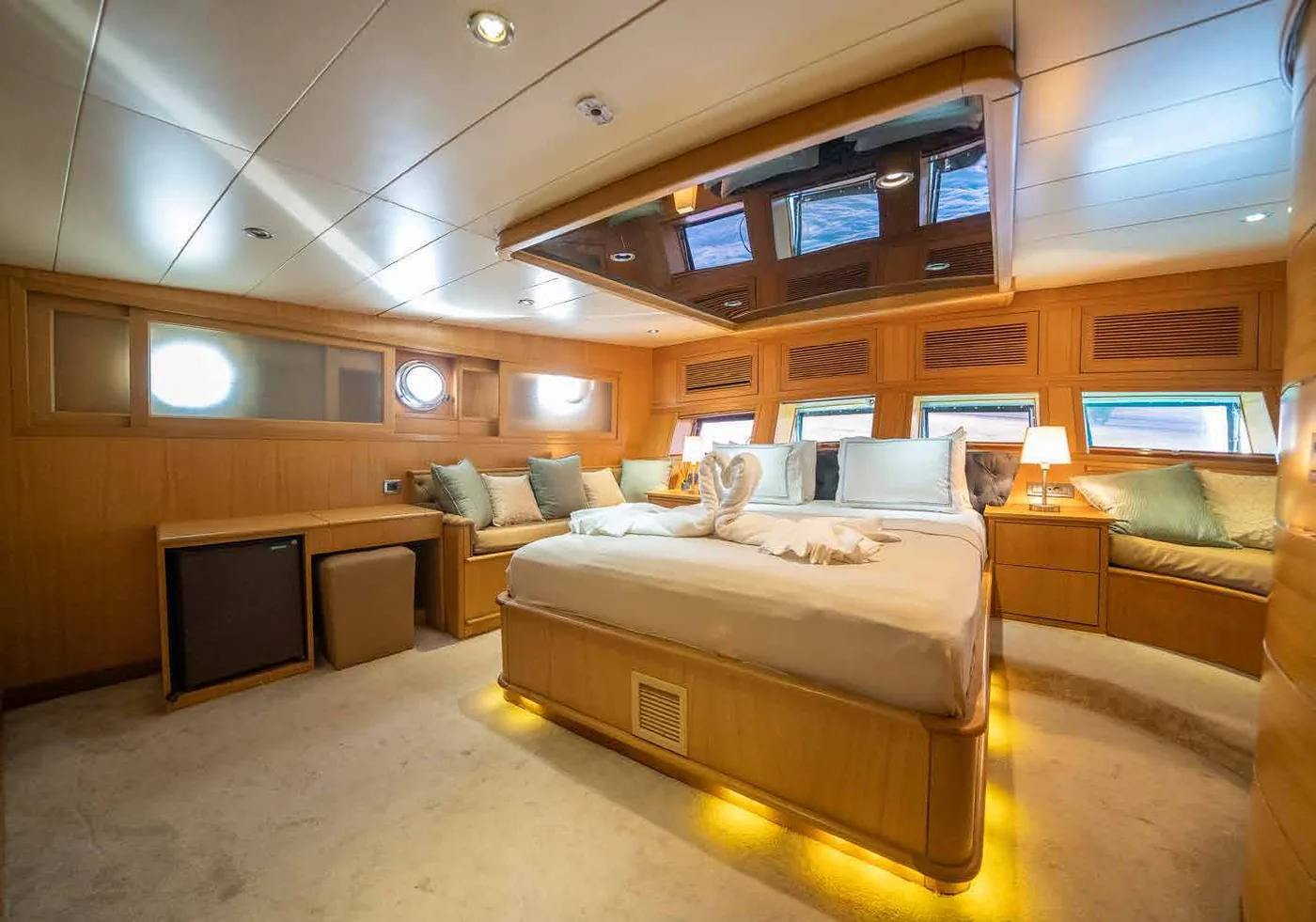 Double cabin with wood panelling on the Let's Dance gulet