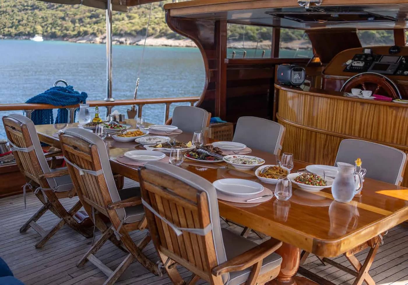 Shaded deck lounge on the Let's Dance gulet