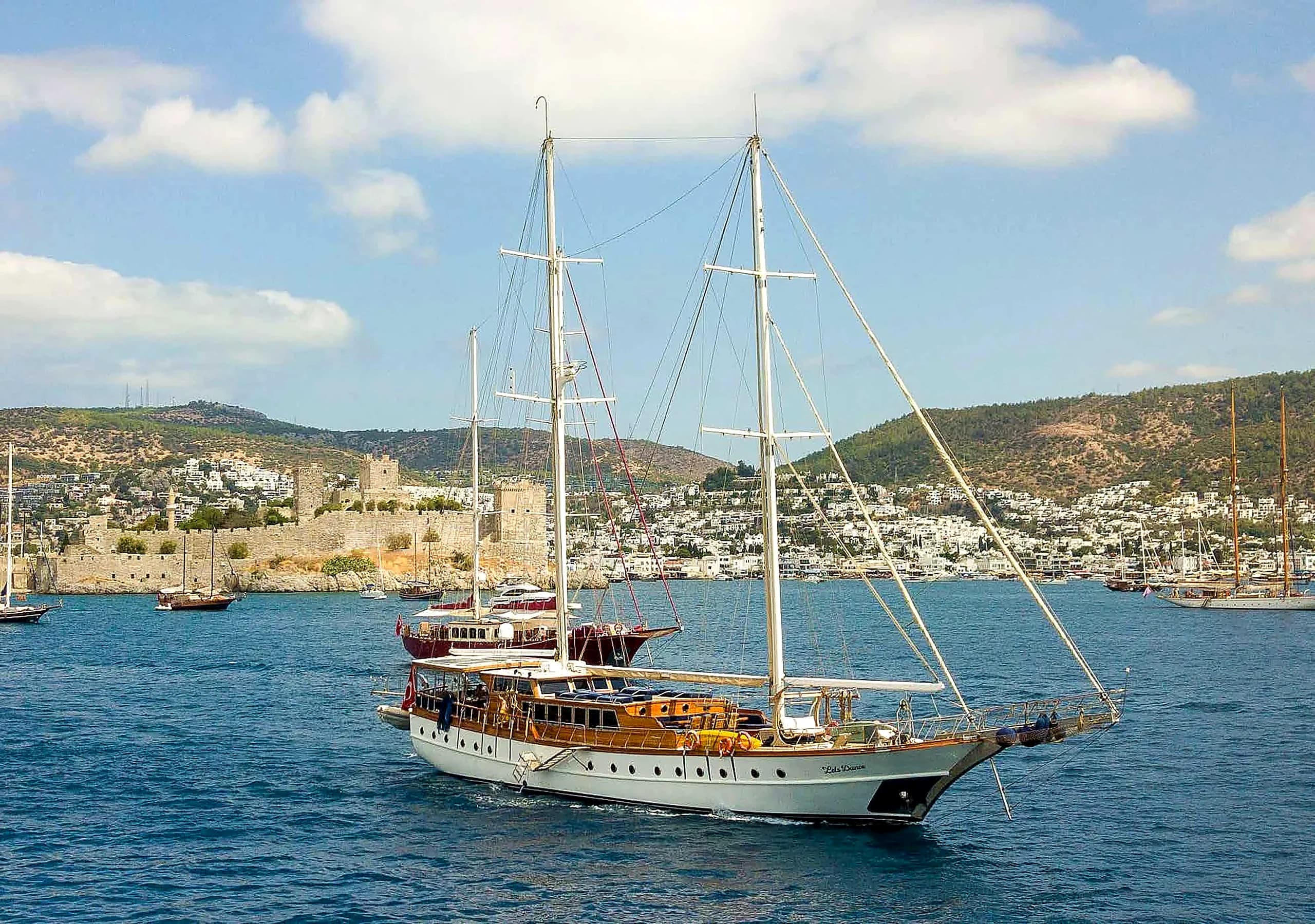 Let's Dance gulet anchored off Bodrum coastline