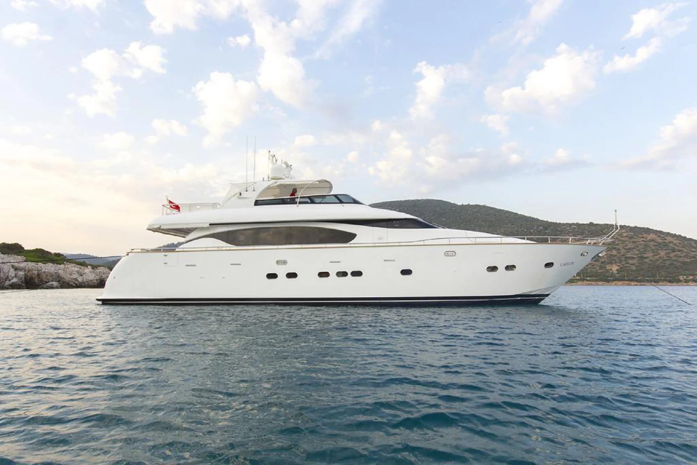 Maiora 24 Luxury Motor Yacht profile at anchor in Bodrum