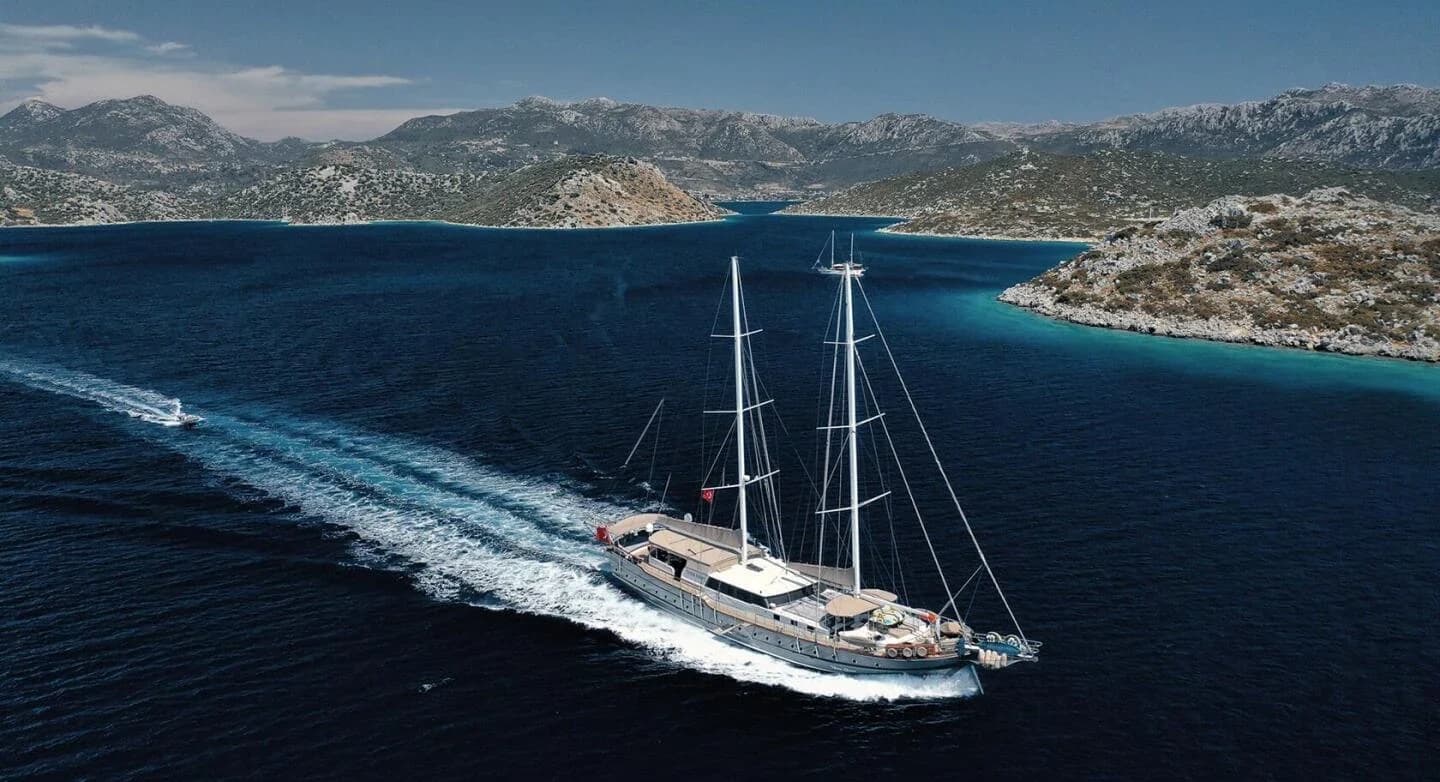 Nevra Queen 40m Luxury Gulet Yacht Profile at Anchor in Bodrum Turquoise Bay