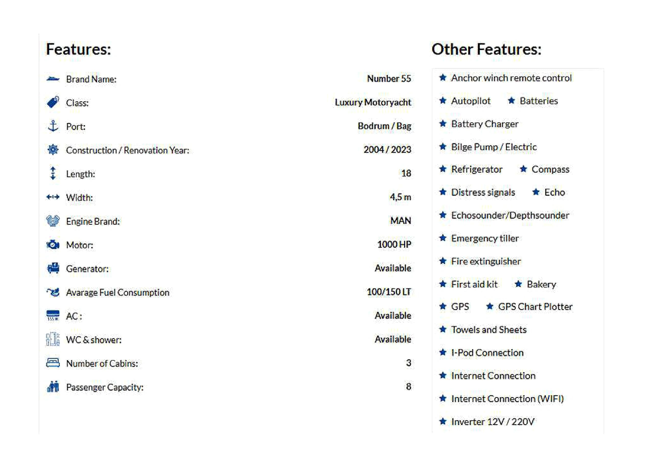 Technical specifications and layouts sheet of Numarine 55