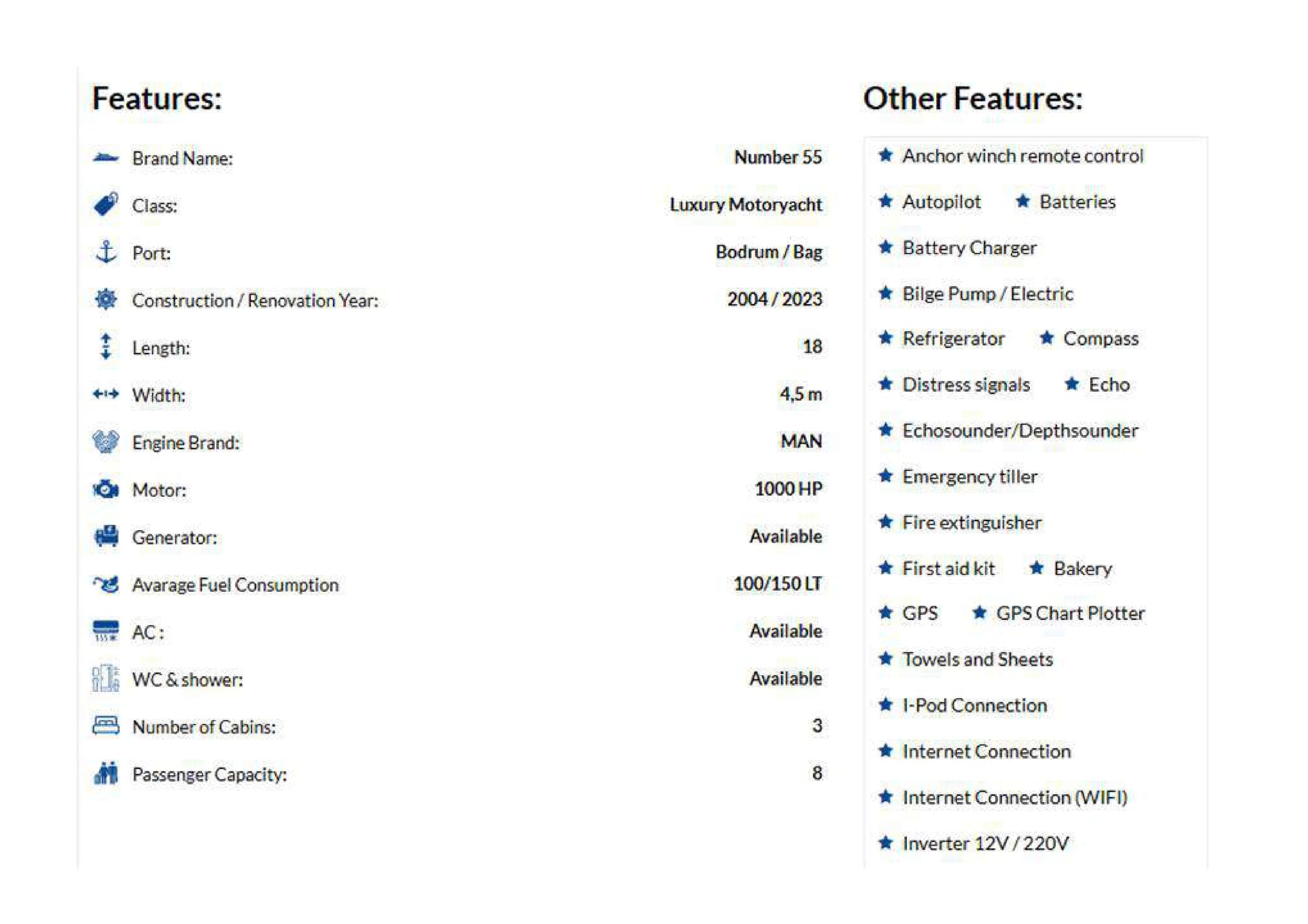 Technical specifications and layouts sheet of Numarine 55