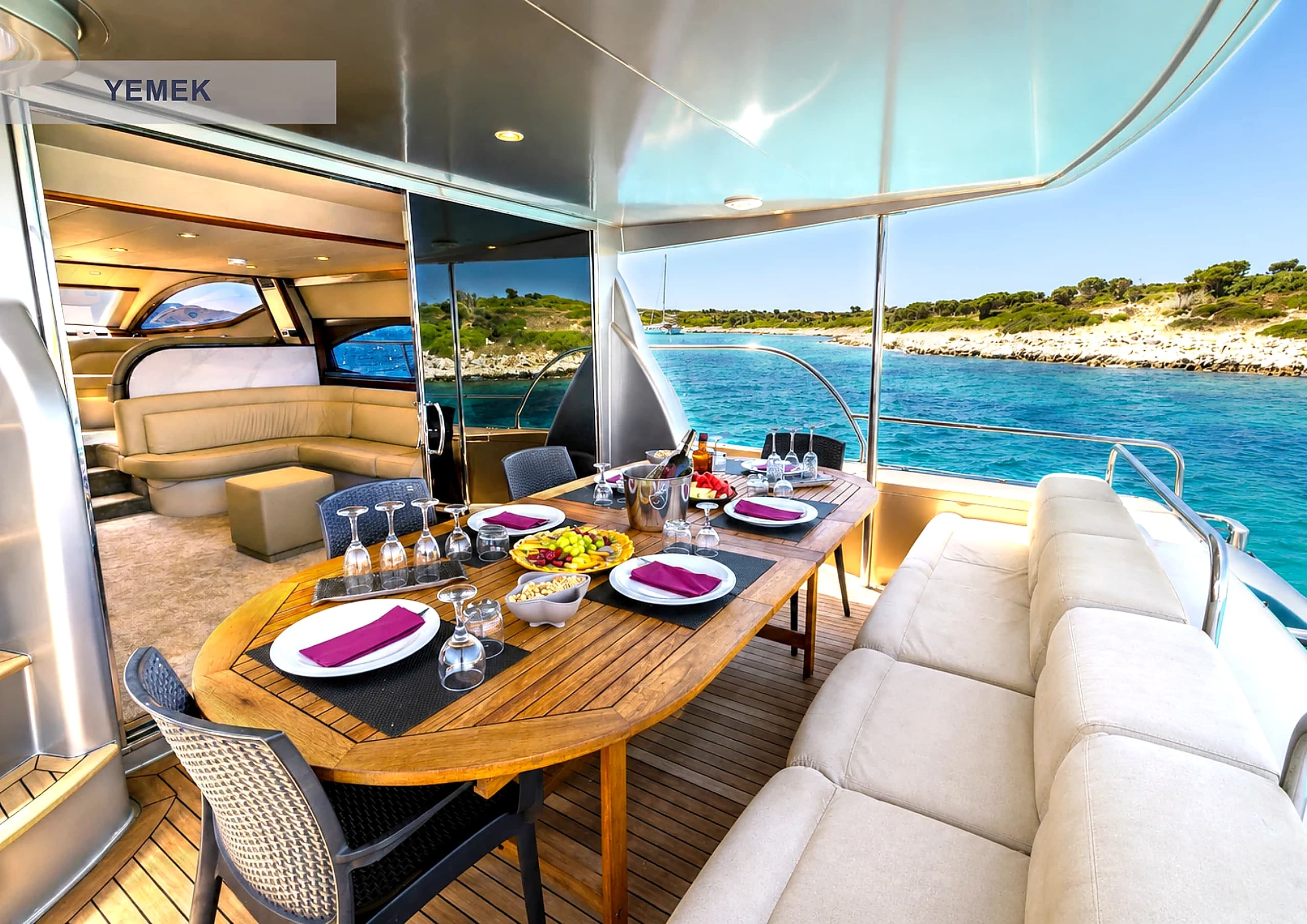 Gourmet dining service table setup on Selenge Yacht