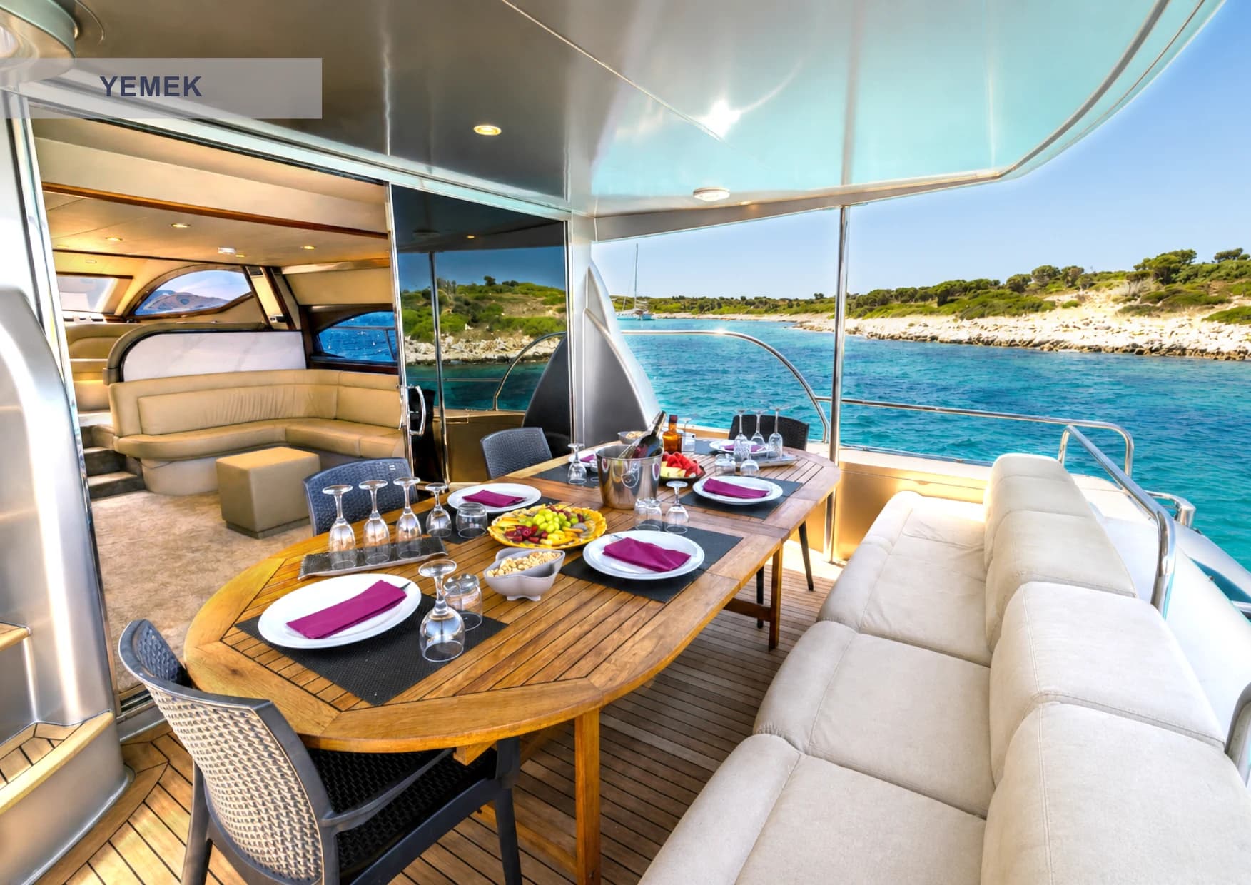 Gourmet dining service table setup on Selenge Yacht