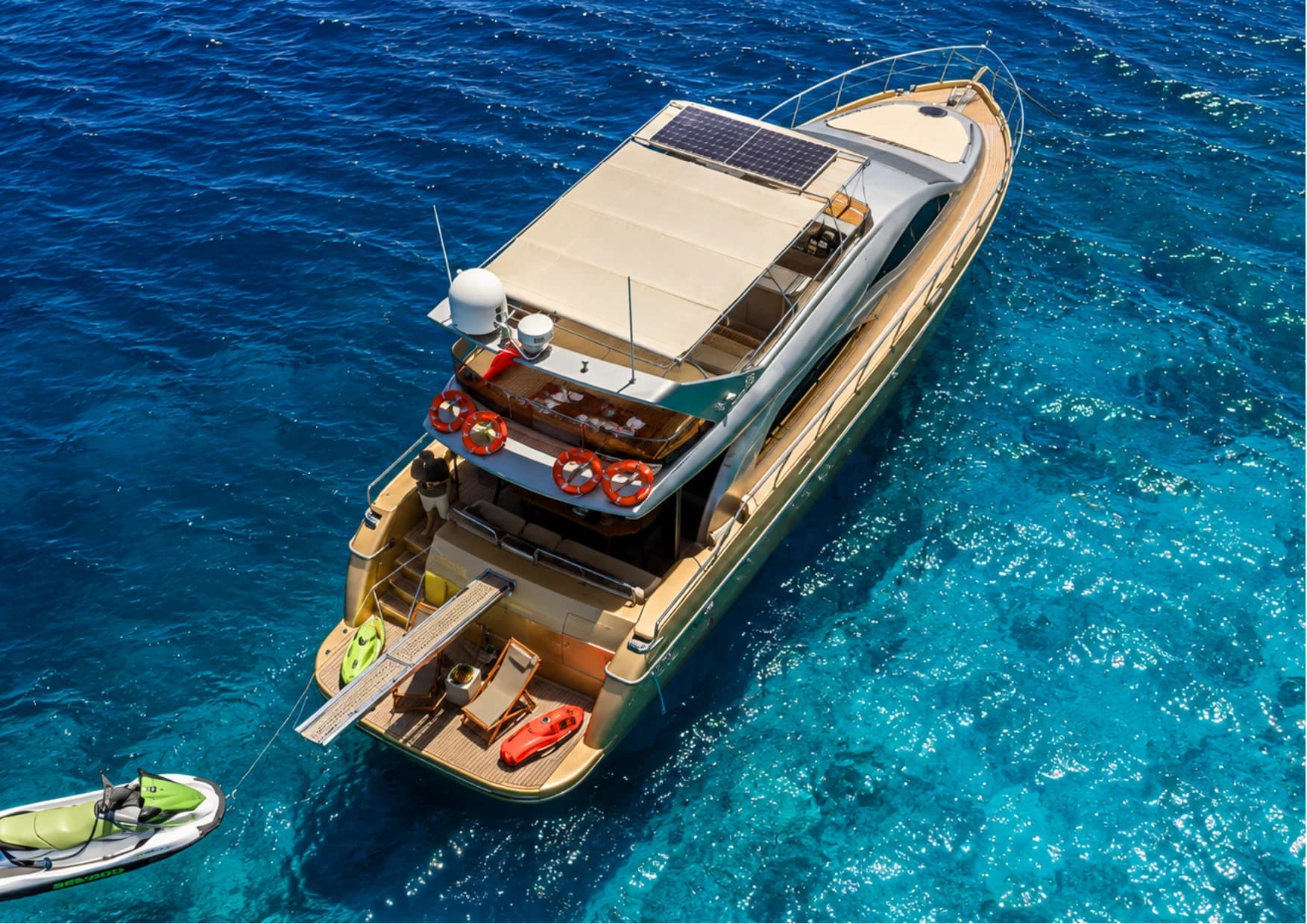 Upper deck sunbeds and cocktail seating area on Selenge Yacht