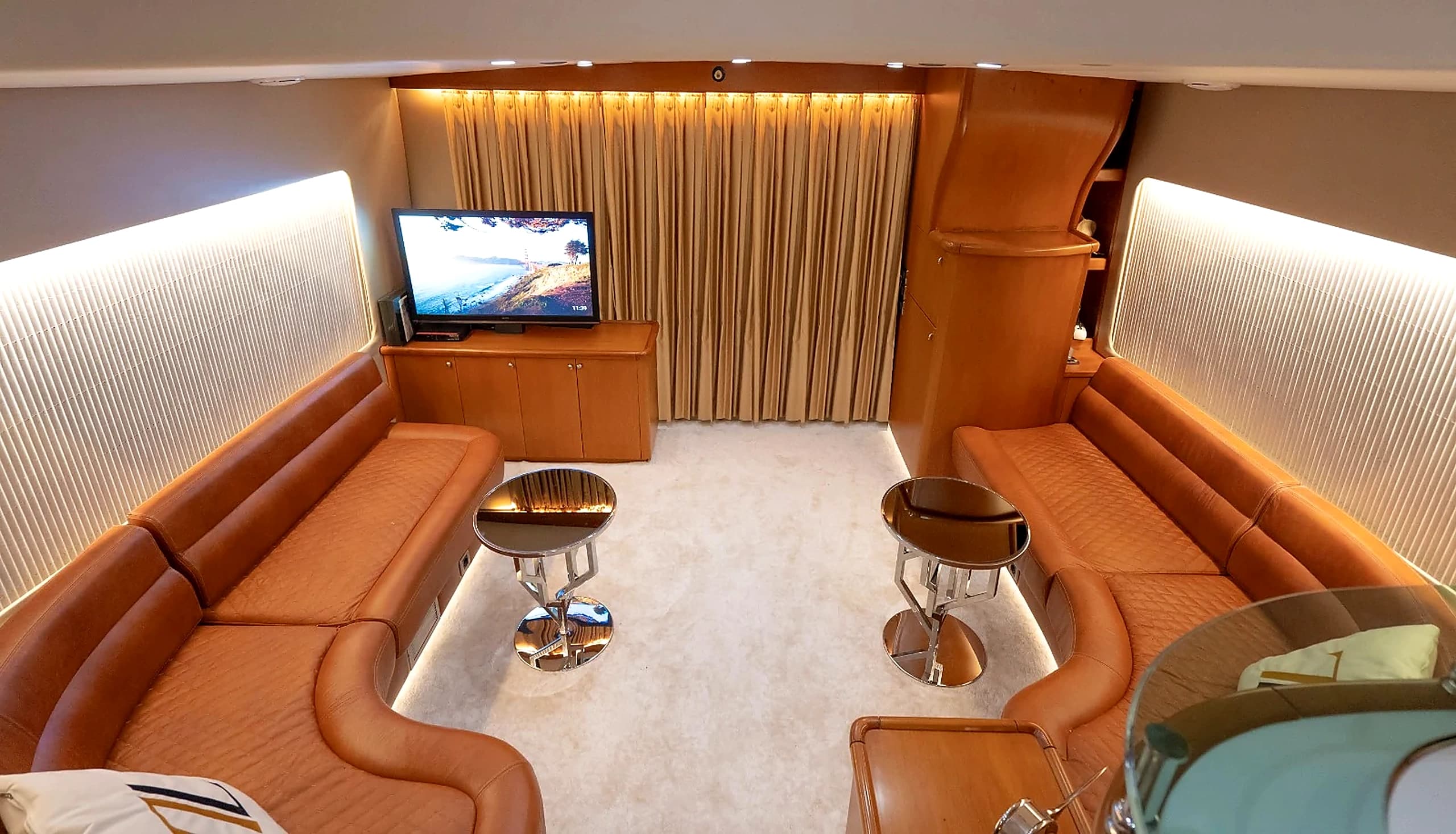 Opulent Salon Seating with Ambient Warm Lighting and Custom ZL Pillows