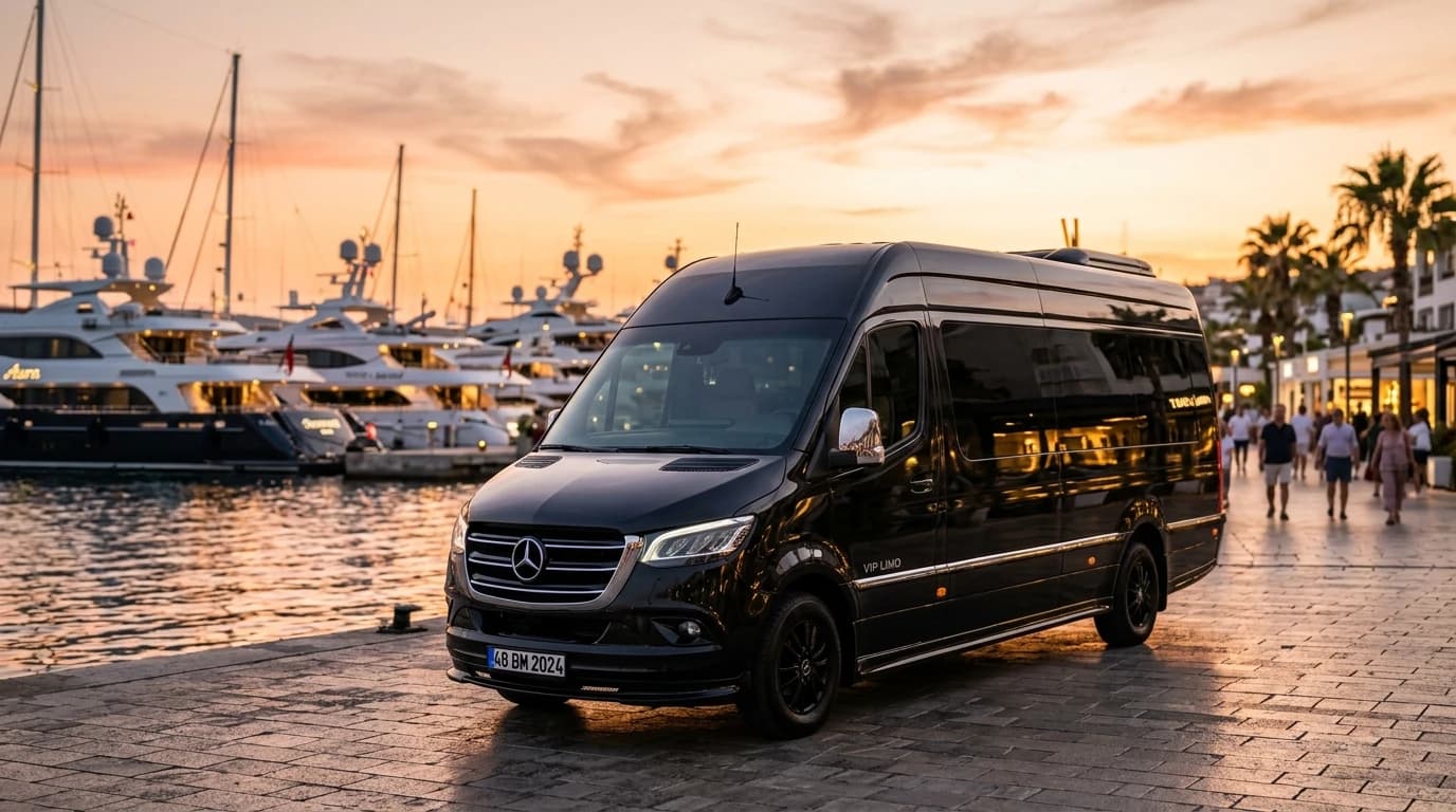 Black luxury Mercedes-Benz Sprinter VIP 10+2 passenger minibus at Yalikavak Marina Bodrum