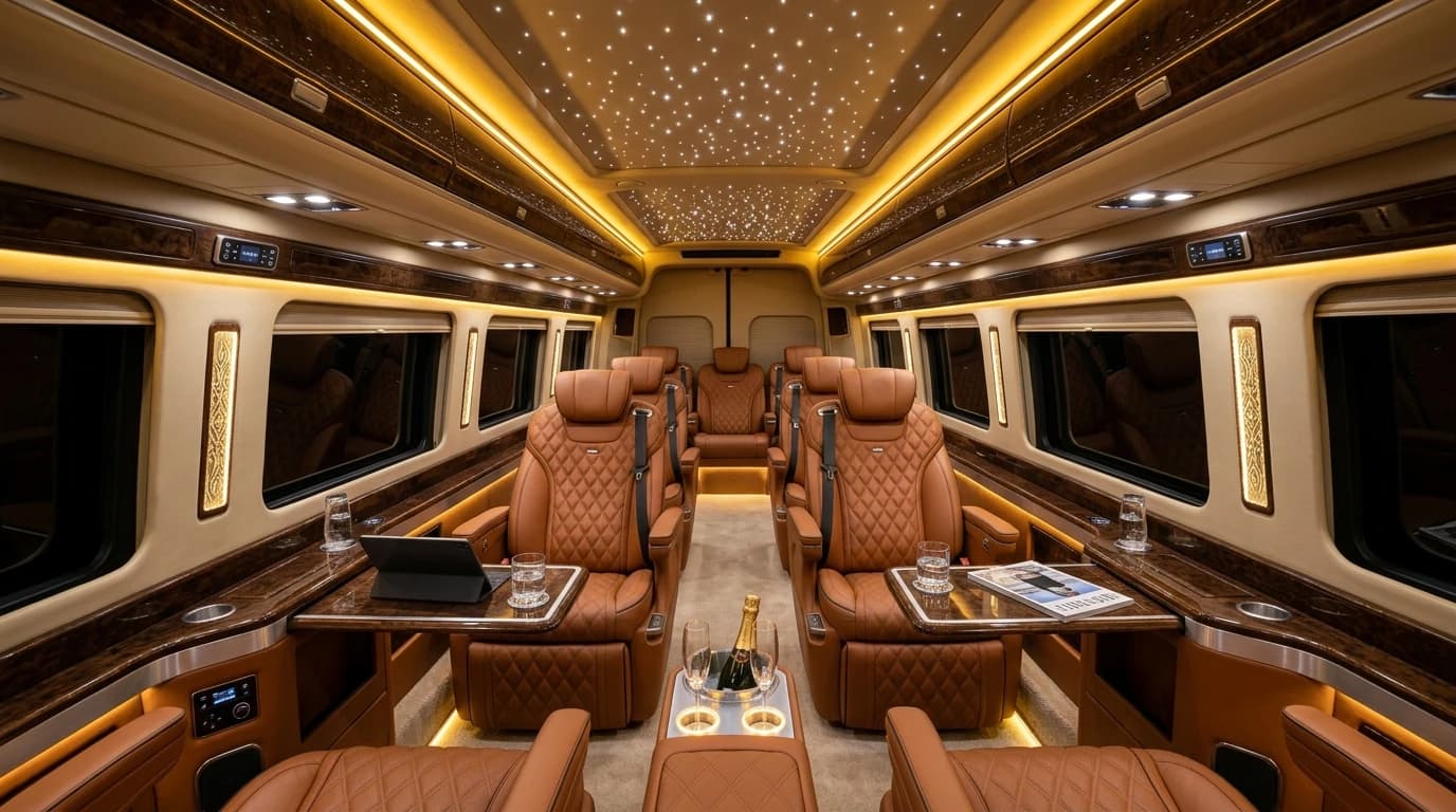 Luxury 10+2 leather captain seats interior cabin with starlight ceiling in Mercedes Sprinter VIP