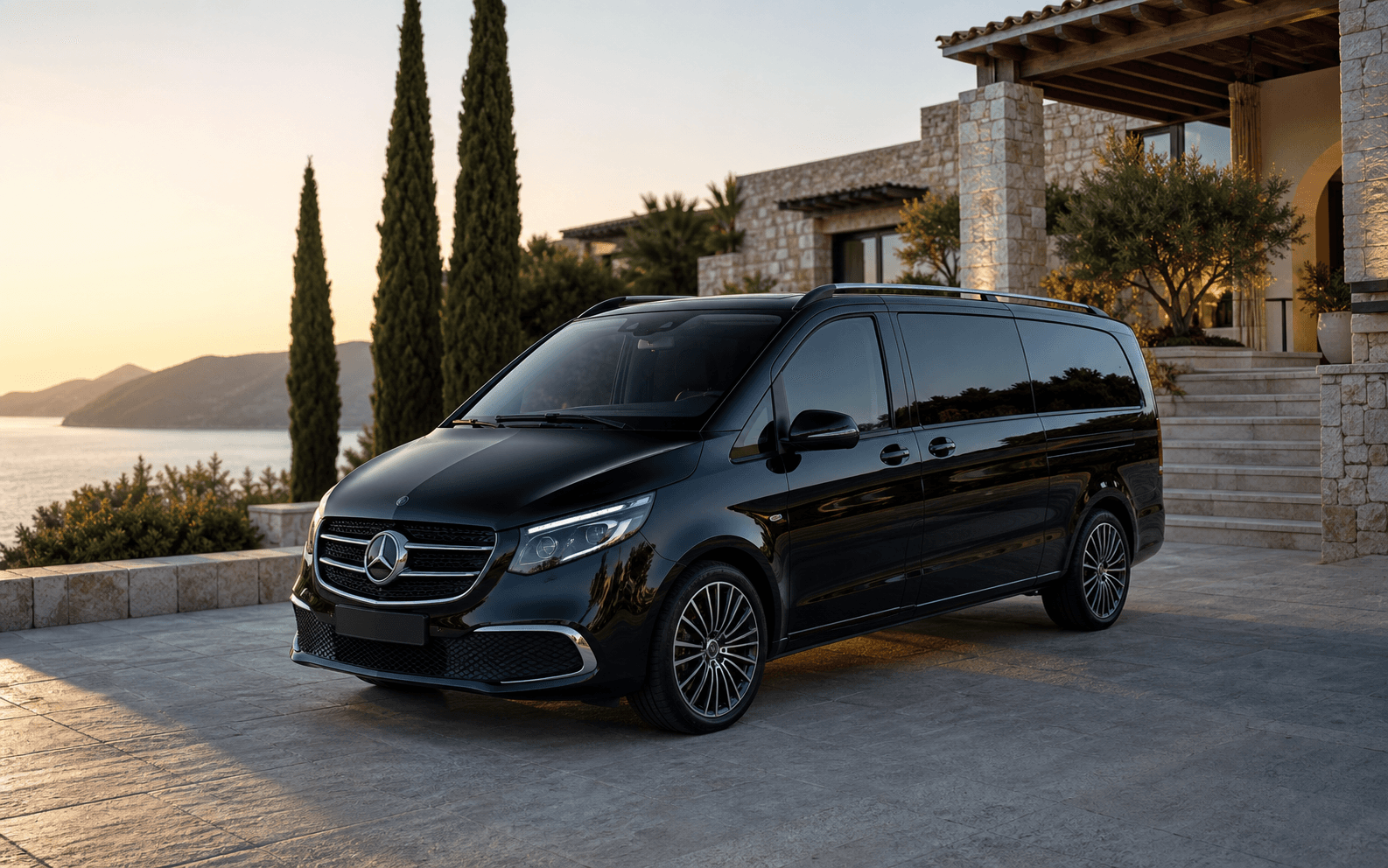 Illustrative black Mercedes-Benz V-Class outside a Bodrum villa