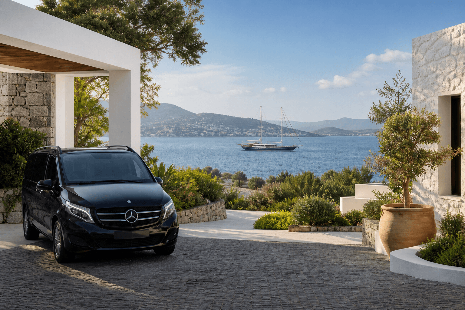 Black chauffeur van at a Bodrum villa with a private yacht in the bay